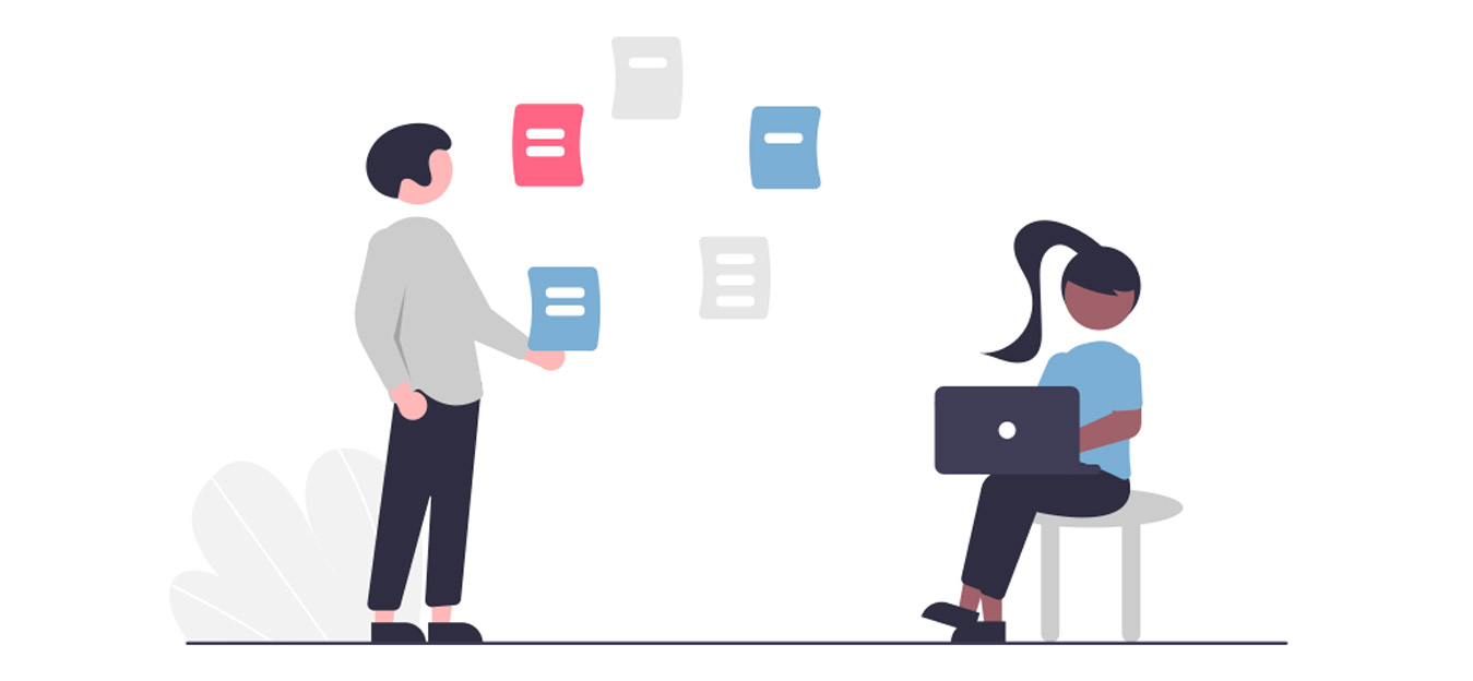 Graphic. Two people transfering knowledge.