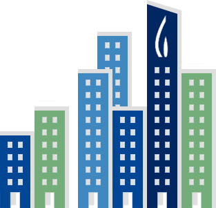 Graphic. A group of buildings surrounding the Gas Tower.