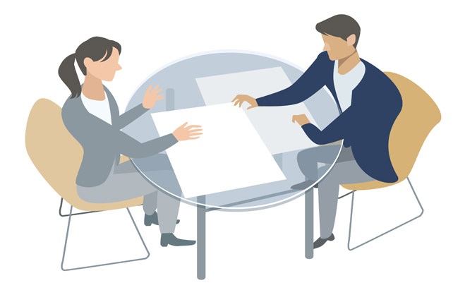 Graphic. Two people sitting at a table having a conversation.