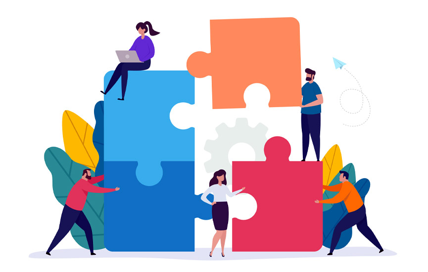 A graphic image of people assembling a puzzle.